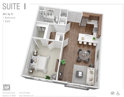 Floor plan for 1 bed, 1 bath, 807 sqft